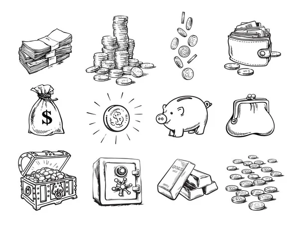 Finans para seti krokisi. Dolar çuvalı, bozuk para yığını, dolar işareti ile sikke, hazine sandığı, banknot yığını, düşen paralar, banka kasası, kumbara, altın külçeler, cüzdan, cüzdan. Vektör.