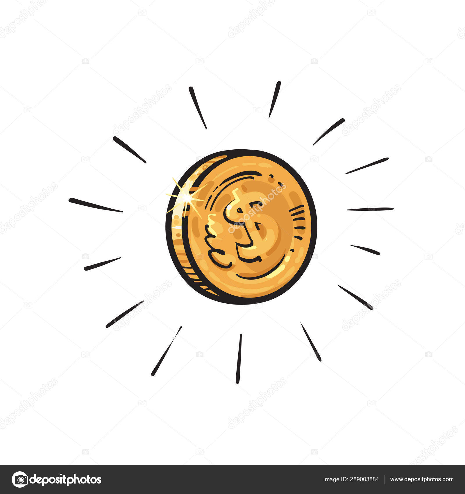 Sketch of shining gold coin with dollar sign encircled by burst of light  rays. Hand drawn cartoon vector illustration on white background. Money  cash finance wealth symbol. Stock Vector Image by ©UncleLeo #