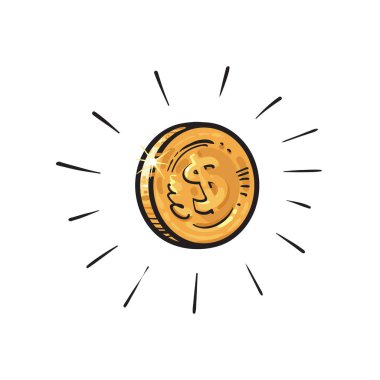 Işık ışınları patlaması ile çevrili dolar işareti ile parlayan altın sikke Sketch. Beyaz arka planda el çizilmiş karikatür vektör illüstrasyon. Para nakit finans servet sembolü.