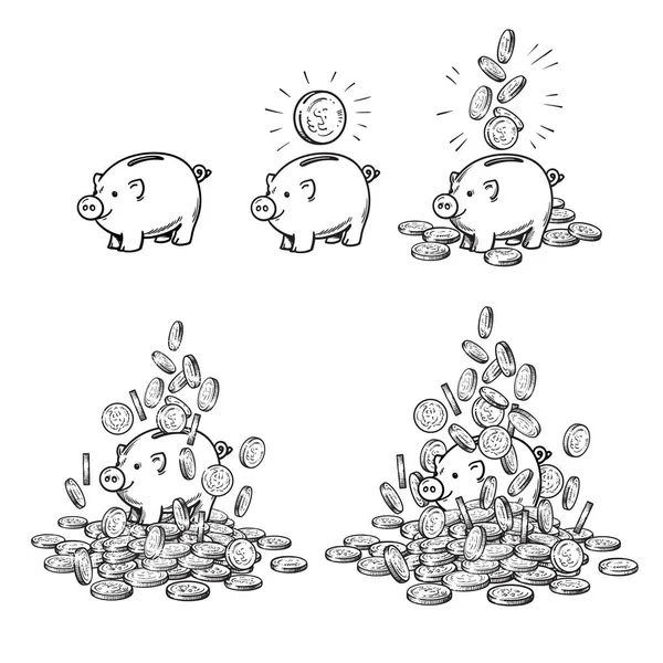 Cartoon Piggy Bank i monety zestaw. Piggy z jedną monetą, z upadkiem gotówki, spadają nad pieniędzmi. Rosnące bogactwo i koncepcja sukcesu biznesowego. Rysunek ręcznie rysowane wektor styl . — Wektor stockowy