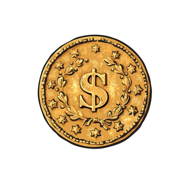 Sketch of old gold coin with dollar sign. Hand drawn vector illustration in retro style on white background. Money cash finance wealth symbol. — Stock Vector