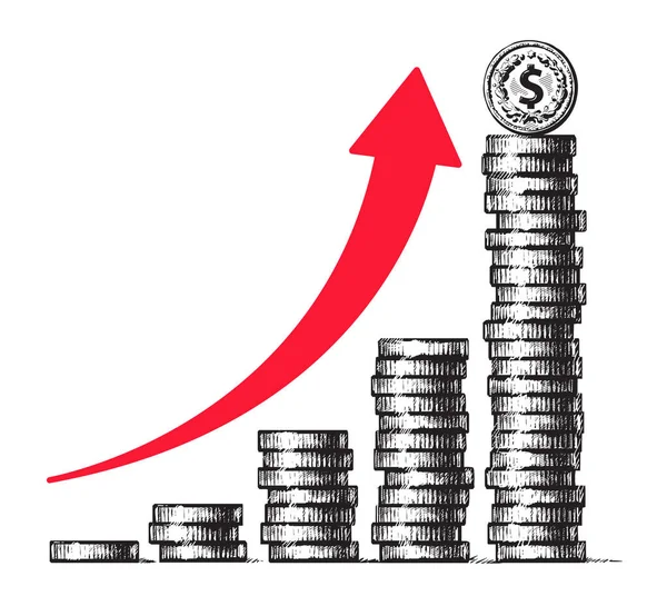 Hromádky mincí s dolarovou mincí na vrcholu a červenou šipkou nahoru. Diagram ekonomického růstu, úspěšnost podnikání, graf příjmů z peněžního sloupce. Ručně kreslené vektorové ilustrace ve stylu náčrtku. — Stockový vektor