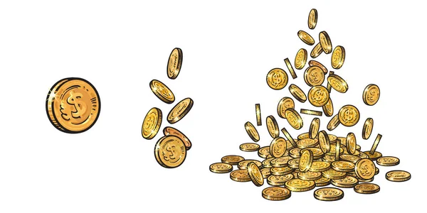 Finans, para seti. Farklı konumlarda düşen altın sikke kroki, nakit yığını, para yığını. Beyaz arka planda el çizilmiş koleksiyonu. Vektör Illustration.