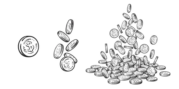 Finanzen, Geld gesetzt. Skizze fallender Goldmünzen in verschiedenen Positionen, Haufen Bargeld, Geldstapel. handgezeichnete Kollektion auf weißem Hintergrund. Vektorillustration. — Stockvektor