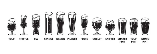 Пивний посуд керівництво. Різні види келихів для пива. Рука намальована Векторна ілюстрація на білому тлі . — стоковий вектор