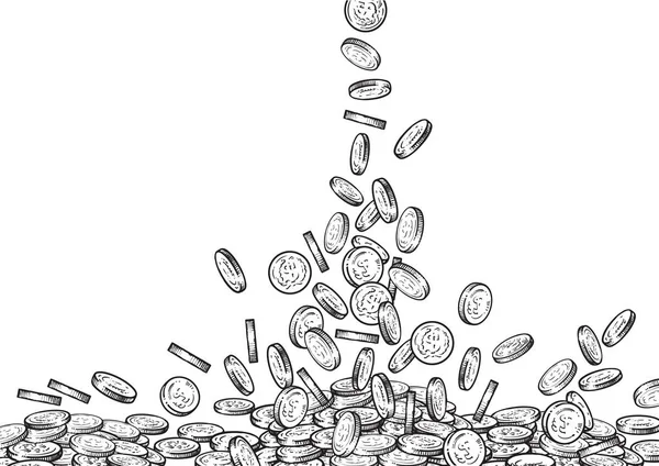 Skizze fallender Münzen, von oben nach unten fließendes Geld, großer Haufen Bargeld, viel Geld, Schatzkonzept. schwarz-weiße Vektor-Illustration auf weißem Hintergrund. — Stockvektor