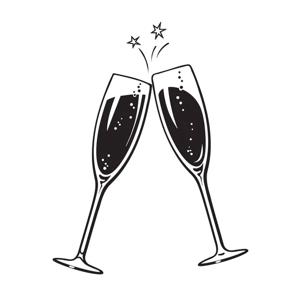 Dos copas espumosas de champán o vino. Icono de salud. Ilustración vectorial de estilo retro sobre fondo blanco . — Vector de stock