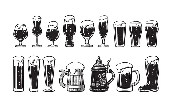 啤酒玻璃器皿套装。各种啤酒杯和杯子。白色背景上绘制的矢量插图. — 图库矢量图片