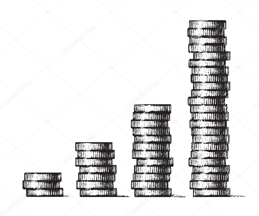 Stacks of coins. Concept of economic growth, business success. Hand drawn vector illustration in sketch style. Metal money columns income graph.