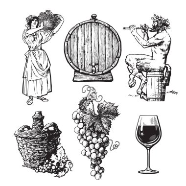 Şarap tasarımı için elle çizilmiş elemanları ayarlayın. Sepet taşıyan güzel köylü kadın, bir demet üzüm, Satyr, şişe demijohn, varil. Beyaz arka planda vintage tarzda vektör illüstrasyon