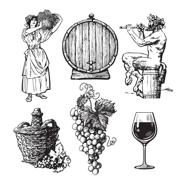 Şarap tasarımı için elle çizilmiş elemanları ayarlayın. Sepet taşıyan güzel köylü kadın, bir demet üzüm, Satyr, şişe demijohn, varil. Beyaz arka planda vintage tarzda vektör illüstrasyon