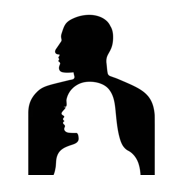 Volto femminile di profilo su uno sfondo di silhouette maschile. Silhouette uomo e donna che guardano nelle stesse direzioni. Illustrazione vettoriale isolata su sfondo bianco . — Vettoriale Stock