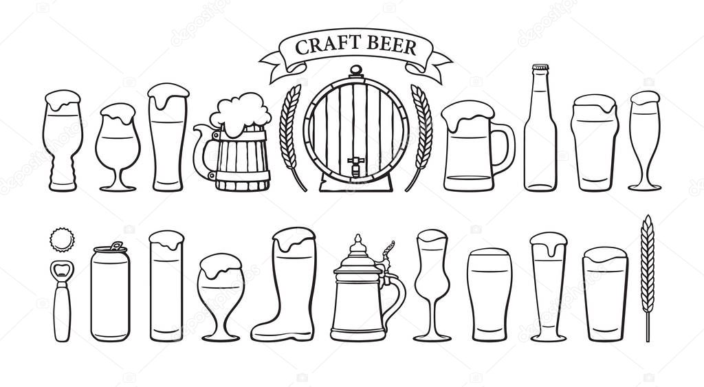 Beer objects set. Beer glasses of different shape, mugs, old wooden barrel, bottle, can, opener, cap, barley, wheat, ribbon banner with text Craft Beer. Black and white isolated vector illustration.