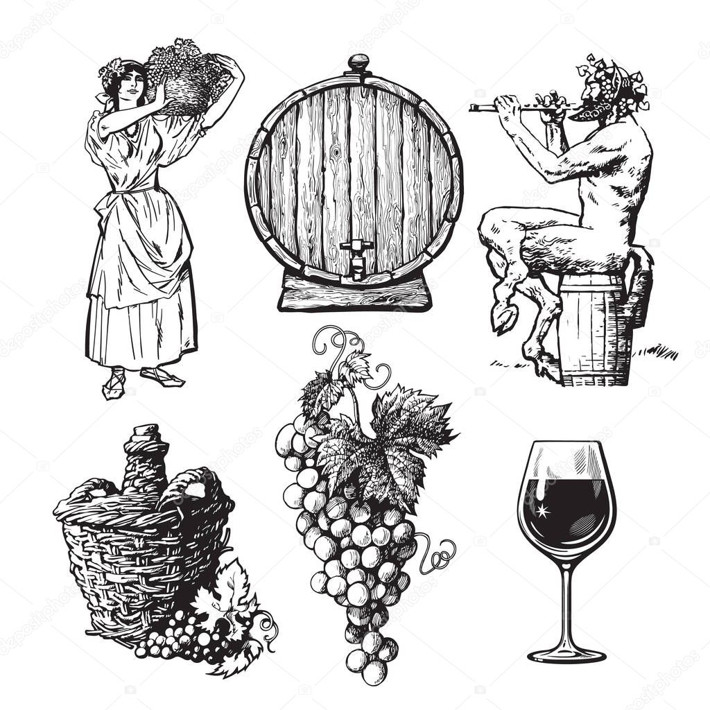 Set de elementos dibujados a mano para el diseño del vino. Hermosa  campesina llevando canasta, racimo de uvas, sátiro, botella demijohn,  barril. Ilustración vectorial en estilo vintage sobre fondo blanco Vector de, image size:1024x1024