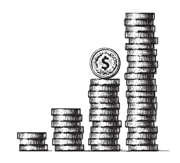 Stapel von Münzen mit Dollarzeichen Münze auf der Oberseite. Konzept des Wirtschaftswachstums, des Unternehmenserfolgs. handgezeichnete Vektorillustration im Skizzenstil. Metallgeld-Säulen Einkommensdiagramm. — Stockvektor