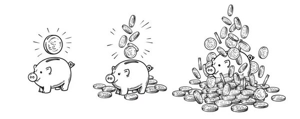 Cartoon piggy bank and gold coins set. Piggy with one coin, with falling cash, heaped over money. Growing wealth and business success concept. Hand drawn sketch style vector illustration . — Stock Vector