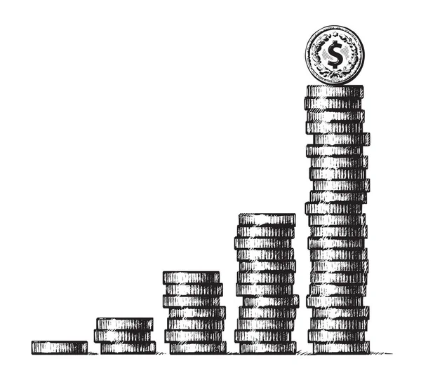 Stapel von Münzen mit Dollarzeichen Münze auf der Oberseite. Konzept des Wirtschaftswachstums, des Unternehmenserfolgs. handgezeichnete Vektorillustration im Skizzenstil. Metallgeld-Säulen Einkommensdiagramm. — Stockvektor
