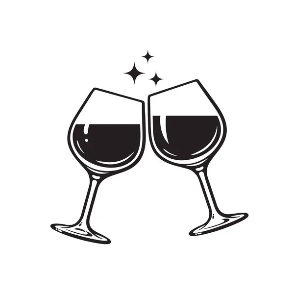 Dois copos de vinho. Um brinde com os vinhedos. Ícone de óculos de vinculação. Ilustração vetorial sobre fundo branco . — Vetor de Stock