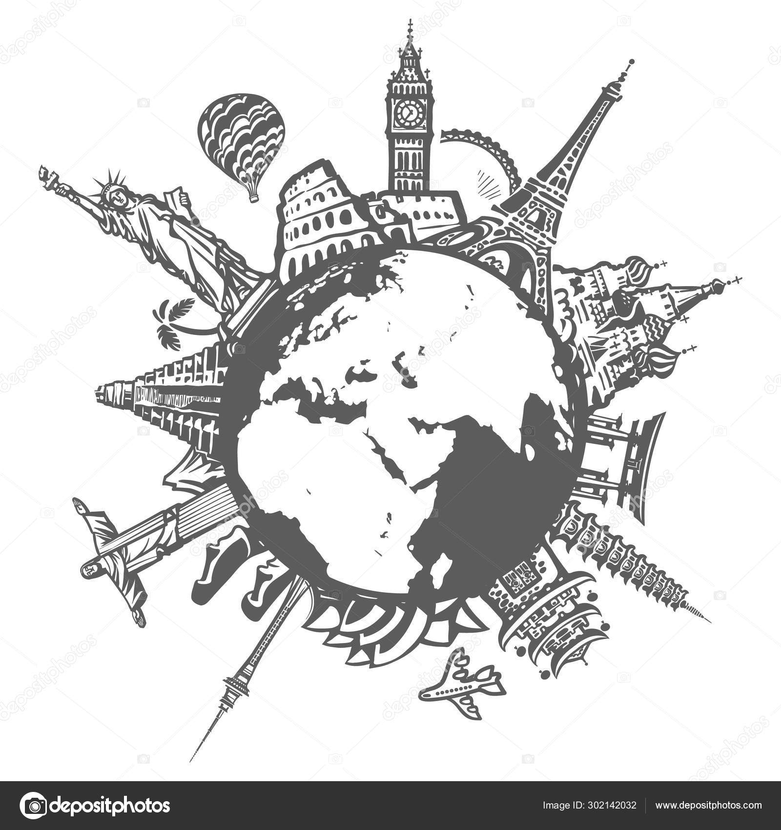 Berühmte Wahrzeichen der Welt, die isoliert auf weißem Hintergrund rund um  den Globus liegen. Design für Reise und Tourismus. Handgezeichnete  Vektorillustration im Skizzenstil. Stock-Vektorbild von ©UncleLeo 302142032, image size:1600x1700