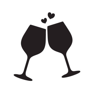 Aralarında kalpler olan iki köpüklü şarap kadehi ya da şampanya silueti. Cheers simgesi. Beyaz arka planda yalıtılmış vektör çizimi.