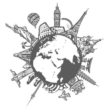Ünlü dünya simgeleri beyaz arka plan üzerinde izole dünya çapında yer. Seyahat ve turizm için tasarım. Çizim stilinde el çizilmiş vektör çizimi.