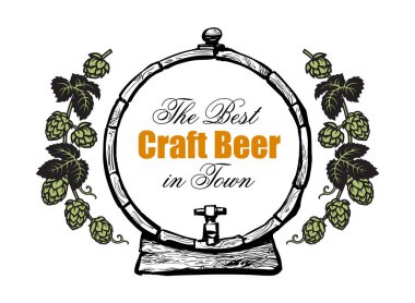 Metin ile eski ahşap bira varil Hops dalları ile çerçeveli Town en iyi zanaat Bira. Bira, bira festivali, bar, pub için tasarım elemanları . Beyaz arka planda vektör çizimi.