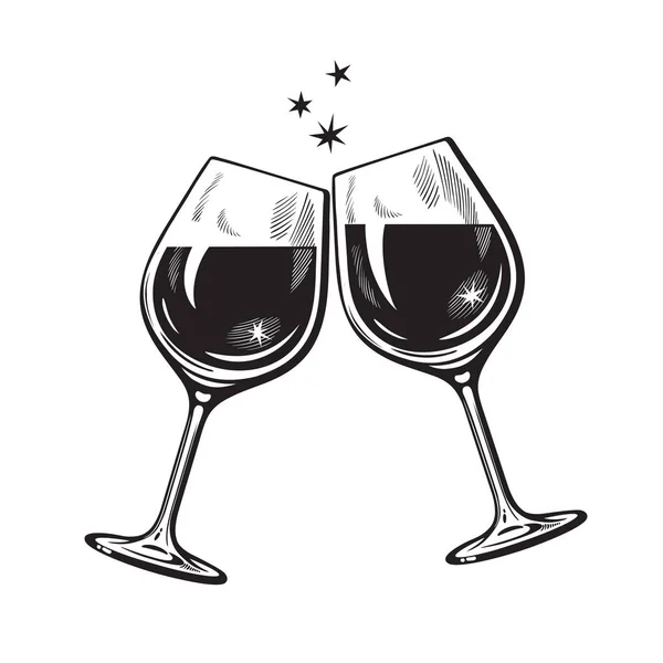 Dos copas espumosas de vino o champán en estilo grabado vintage. Icono de salud. Ilustración vectorial retro sobre fondo blanco . — Vector de stock