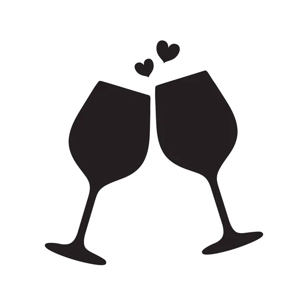 Silueta de dos copas espumosas de vino o champán con corazones entre ellas. Icono de salud. Ilustración vectorial aislada sobre fondo blanco . — Archivo Imágenes Vectoriales