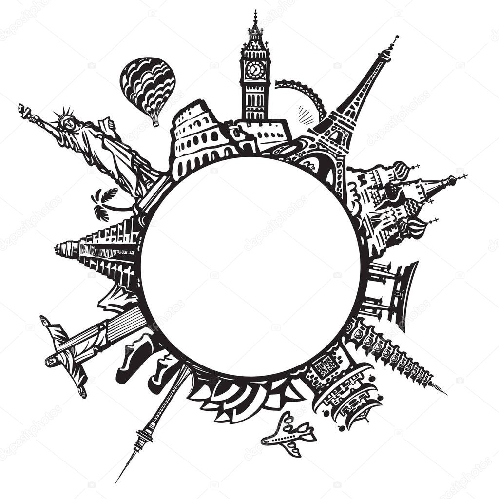 Famous world landmarks located around the globe isolated on white background. Black and white design for travel and tourism with copy space. Hand drawn vector illustration in sketch style.