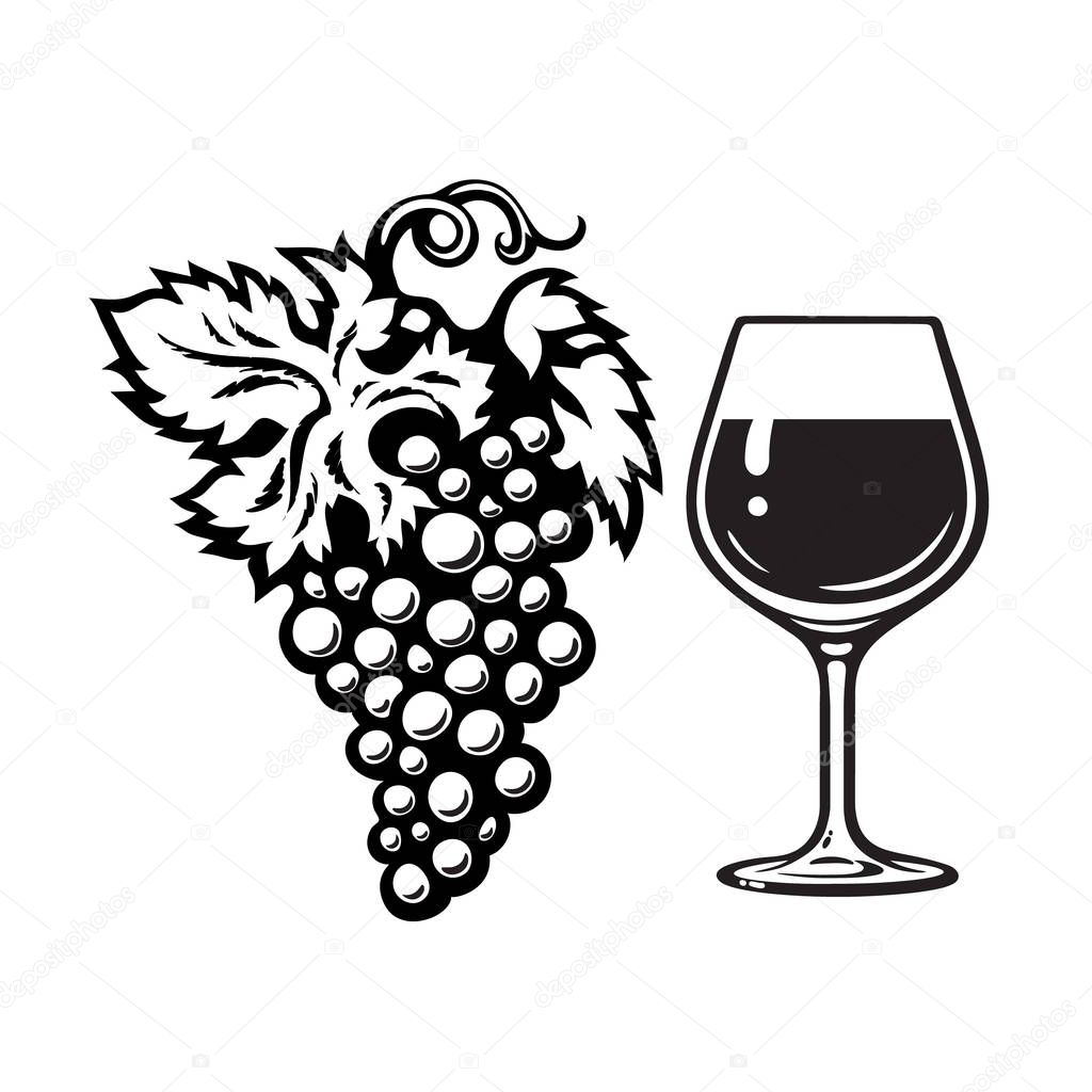 Bunch of grapes and glass of wine in engraving style. Wine icon. Black and white vector illustration on white background.
