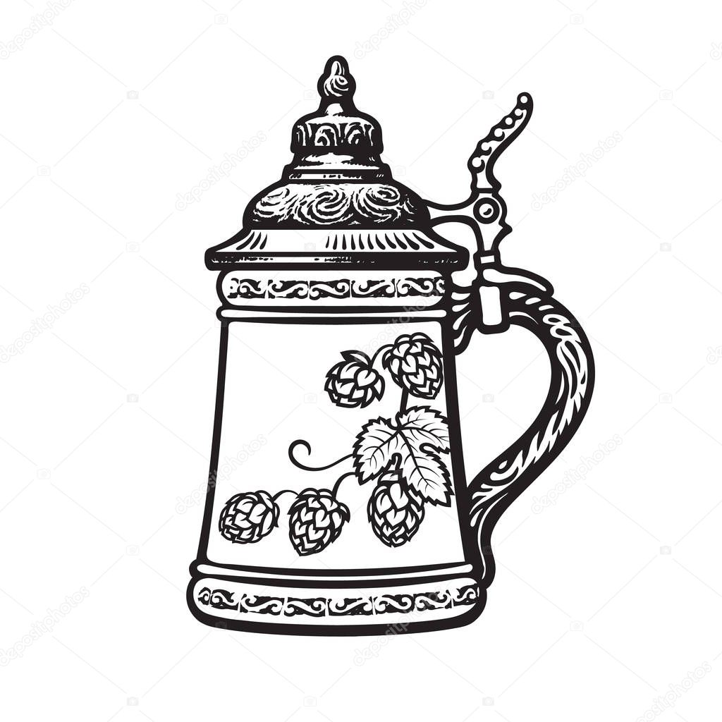 German stein beer mug. Black and white. Hand drawn vector illustration on white backgraund. Brewery, beer festival, bar, pub design.