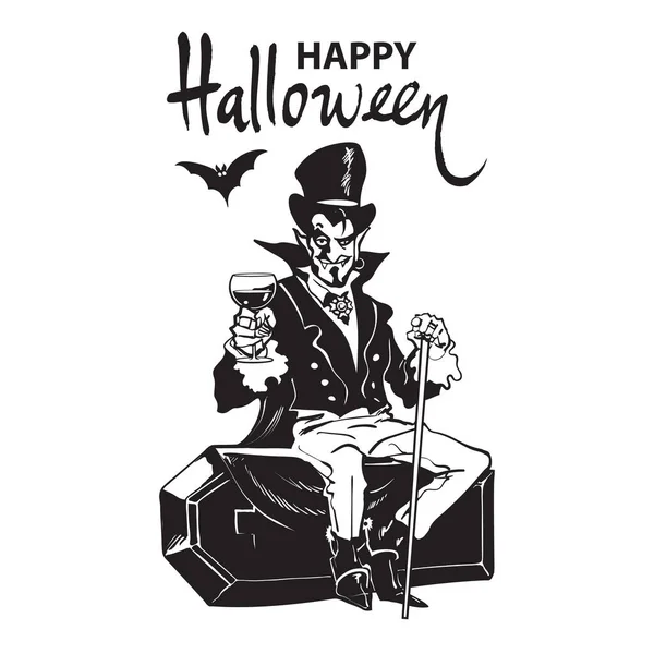 Buon Halloween lettering. Il conte Dracula seduto sulla bara. Halloween personaggio vampiro cartone animato. Illustrazione vettoriale disegnata a mano in bianco e nero . — Vettoriale Stock