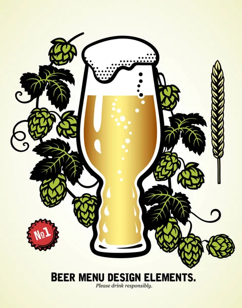 Grand verre IPA de bière légère avec mousse, branches de houblon et blé. Jeu de dessin à la main de croquis sur blanc — Photo