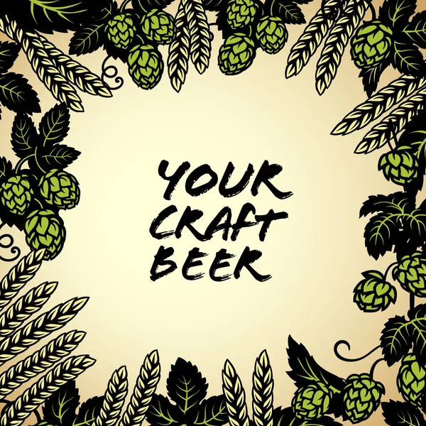 Hop cones with ears of barley or wheat background. Space for text. Elements for brewery design, beer prodaction, pub and bar decoration. Hand drawn frame on light background. — Stock Photo, Image