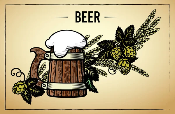 Starý dřevěný hrnek piva s pěnou, chmelovými větvemi a ušima z ječmene nebo pšenice. Ručně kreslená sada prvků na bílém pozadí. — Stock fotografie