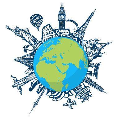 Ünlü dünya simgeleri beyaz arka plan üzerinde izole dünya çapında yer. Seyahat ve turizm için tasarım. Çizim stilinde el çizilmiş vektör çizimi.