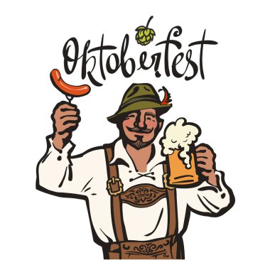 Oktoberfest, bira bardağı ve sosisli iğrenç Bavyeralı adamın üstünde yazıyor. Ekim festivali bira amblemi. El çizimi vintage vektör illüstrasyonu.