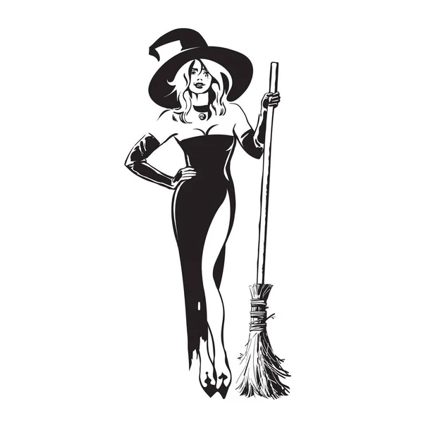 Halloween bella strega sexy tenendo manico di scopa in stile schizzo. Bella giovane donna con cappello da strega e vestito nero con scopa magica. Illustrazione del vettore disegnato a mano . — Vettoriale Stock