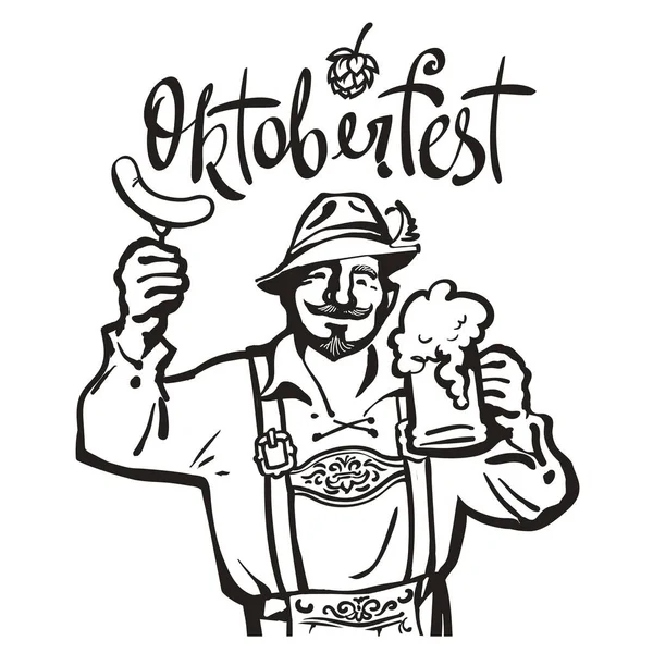 Oktoberfest γράμματα πάνω από heerful Βαυαρός άνθρωπος με κούπα μπύρα και λουκάνικο. Το έμβλημα της μπύρας. Χειροποίητη vintage διανυσματική απεικόνιση. — Διανυσματικό Αρχείο