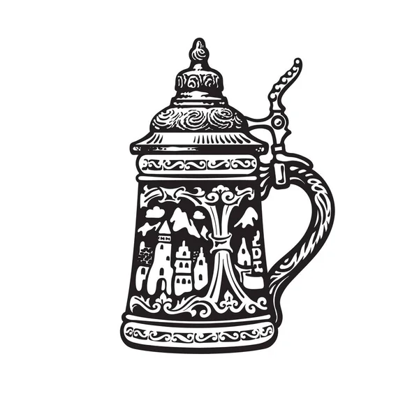 中世の旧市街の形で装飾が施されたドイツのシュタインビールマグカップ。ベクターイラスト. — ストックベクタ