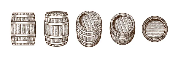 Conjunto de velhos barris de madeira em diferentes posições. Estilo de gravura vintage. Ilustrações vetoriais desenhadas à mão . —  Vetores de Stock