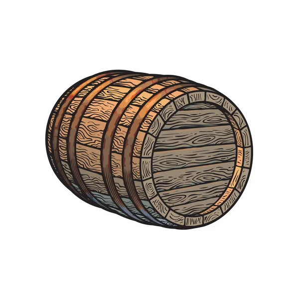 Viejo barril de madera acostado en su lado. Cerveza, vino, barril de whisky de ron tres cuartos de vista en estilo grabado vintage. ilustraciones vectoriales dibujadas a mano — Archivo Imágenes Vectoriales