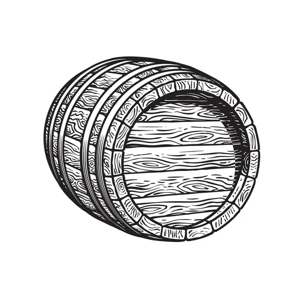 Vieux tonneau en bois couché sur le côté. Bière, vin, fût de rhum whisky trois quarts vue. illustrations vectorielles dessinées à la main — Image vectorielle