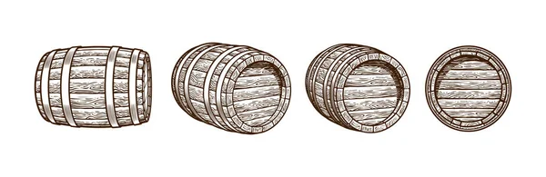 Conjunto vintage de barriles de madera antiguos en diferentes posiciones. Ilustraciones vectoriales de estilo grabado dibujado a mano . — Archivo Imágenes Vectoriales
