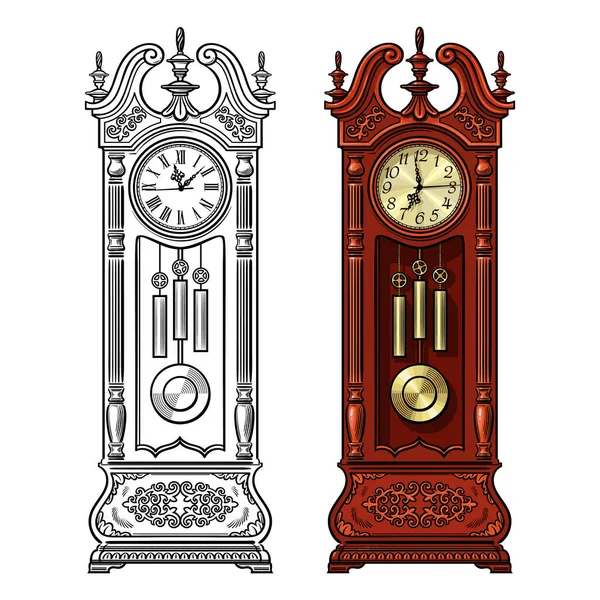 Reloj de péndulo abuelo antiguo. Ilustración vectorial dibujada a mano en blanco y negro y color . — Vector de stock