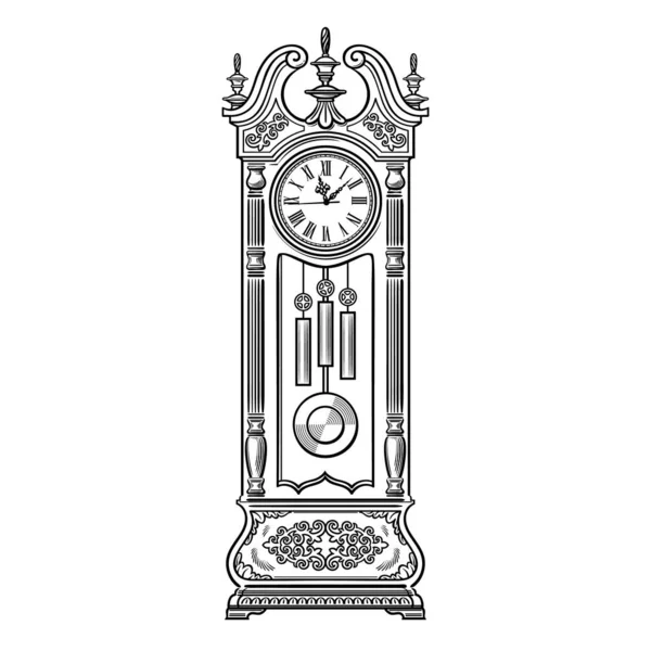 Reloj de péndulo abuelo antiguo. Reloj de pie tradicional. Dibujo dibujado a mano en blanco y negro estilo vector ilustración . — Vector de stock