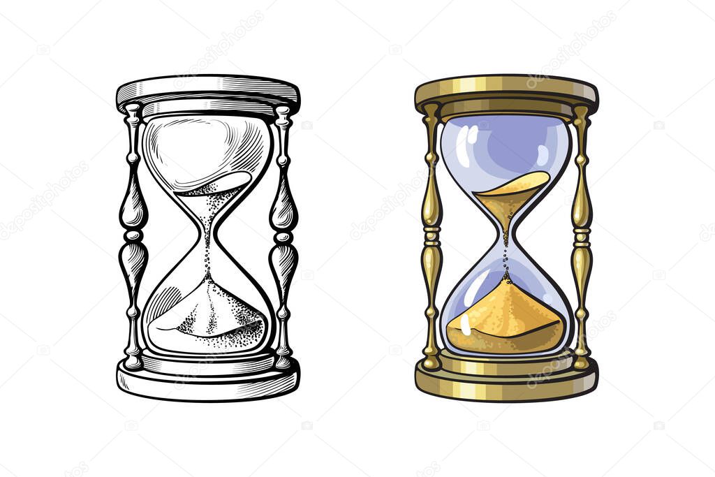 Old gold hourglass. Time concept. Ancient appliance for time measurement. Black and white and color variants. Vector illustration.
