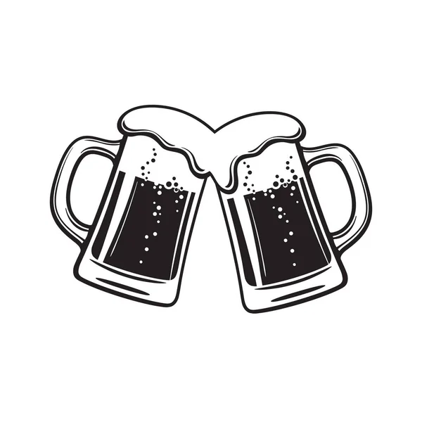 Dos tazas de cerveza tostada, Salud. Tanques de vidrio lleno de cerveza y espuma. Blanco y negro — Vector de stock