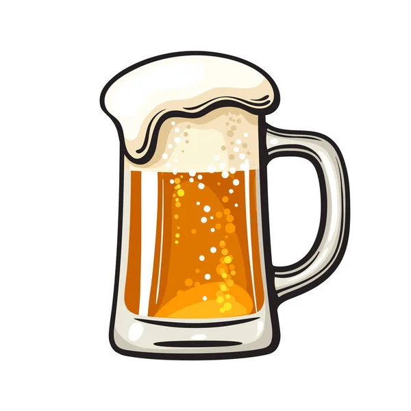 Grande caneca de cerveja com espuma e bolhas. Ilustração vetorial desenhada à mão isolada sobre fundo branco . — Vetor de Stock