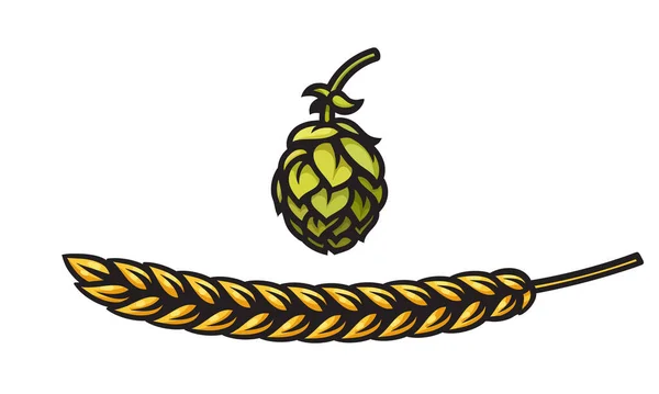Pivní chmelový kužel a ječmen nebo pšeničné ušní ikony. Designový prvek pro propagaci piva, pivovaru, hospody a baru — Stockový vektor